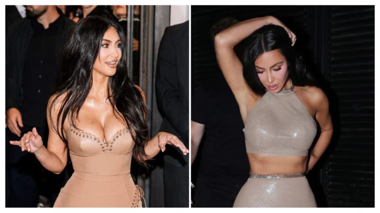 Kim Kardashian wearing custom nude leather Ludovic de Saint Sernin gown in London