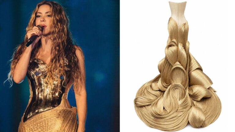 Shakira performing in Madrid wearing custom Gaurav Gupta golden brass breastplate and Banarasi silk skirt